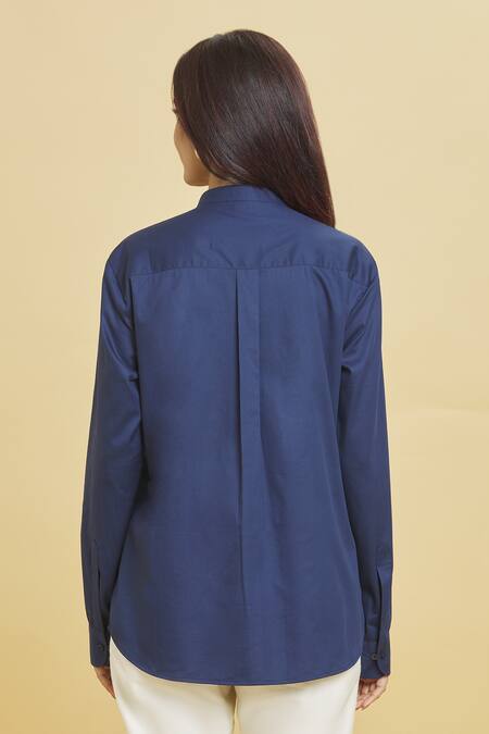 Shop Aiman Blue Cotton Embroidery Mandarin Collar Wolf Doodle Shirt at Aza Fashions Shop_Aiman_Blue Cotton Embroidery Mandarin Collar Wolf Doodle Shirt_at_Aza_Fashions