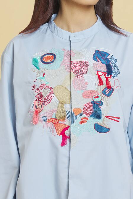 Aiman_Blue Cotton Embroidery Mandarin Collar Abstract Doodle Shirt_at_Aza_Fashions