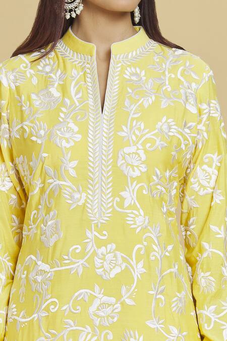 Buy_Aiman_Yellow Cotton, Silk Lace, Embroidery Mandarin Collar Thread Kurta Set_Online_at_Aza_Fashions
