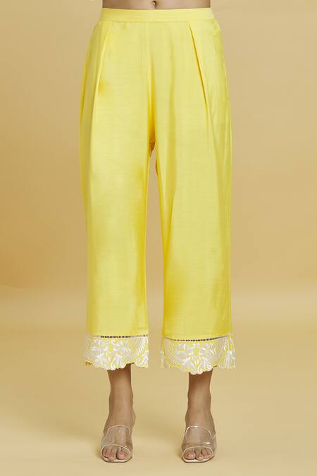 Shop_Aiman_Yellow Cotton, Silk Lace, Embroidery Mandarin Collar Thread Kurta Set_Online_at_Aza_Fashions