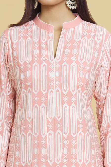 Buy_Aiman_Pink Cotton, Silk Lace, Embroidery Mandarin Collar Geometric Kurta Pant Set_Online_at_Aza_Fashions
