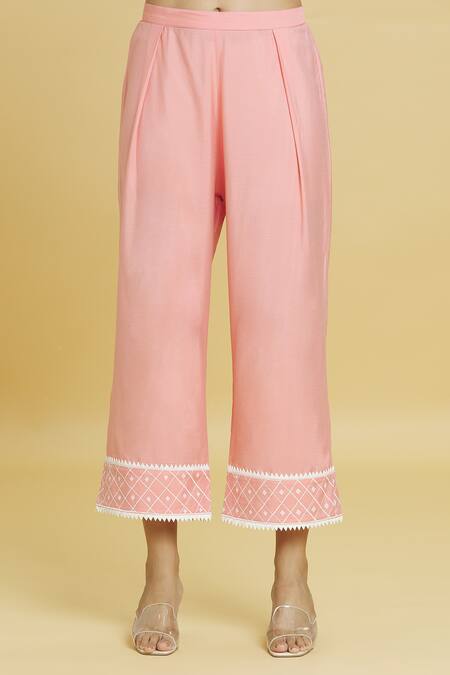 Aiman_Pink Cotton, Silk Lace, Embroidery Mandarin Collar Geometric Kurta Pant Set_at_Aza_Fashions