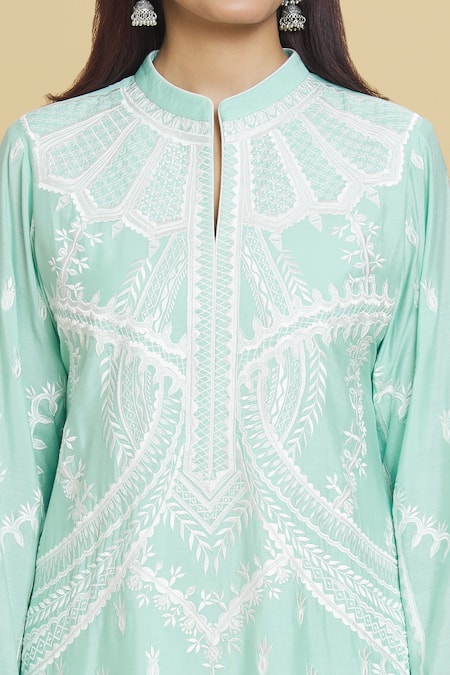 Buy_Aiman_Blue Cotton, Silk Lace, Embroidery Mandarin Collar Paisley Kurta Pant Set_Online_at_Aza_Fashions