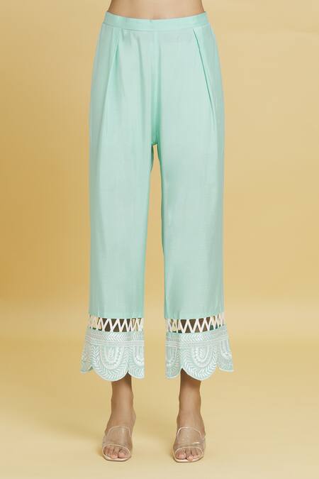 Aiman_Blue Cotton, Silk Lace, Embroidery Mandarin Collar Paisley Kurta Pant Set_at_Aza_Fashions