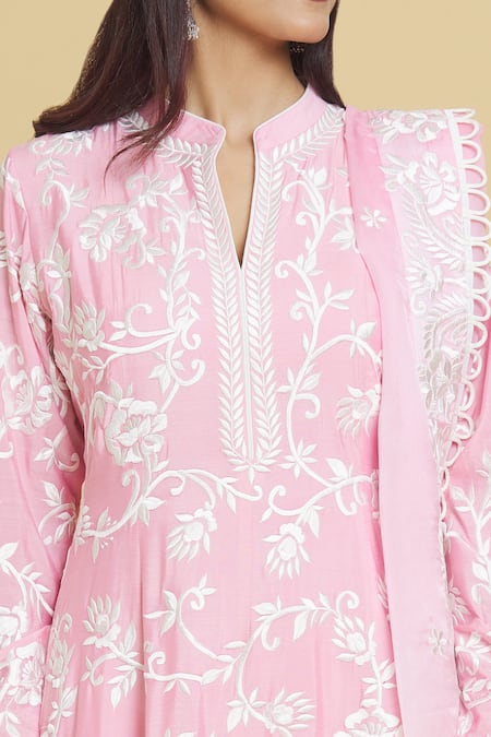 Buy_Aiman_Pink Cotton, Silk Embroidery, Lace Mandarin Floral Jaal Anarkali Pant Set_Online_at_Aza_Fashions