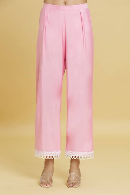 Aiman_Pink Cotton, Silk Embroidery, Lace Mandarin Floral Jaal Anarkali Pant Set_at_Aza_Fashions