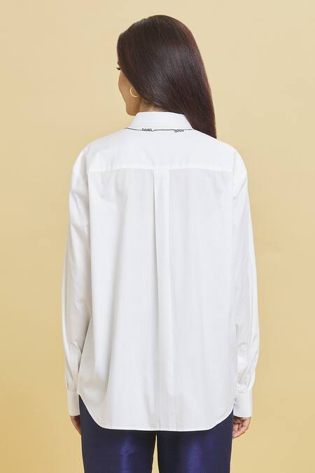 Shop Aiman Ivory Cotton Embroidery Collared Love Battery Shirt at Aza Fashions Shop_Aiman_Ivory Cotton Embroidery Collared Love Battery Shirt_at_Aza_Fashions