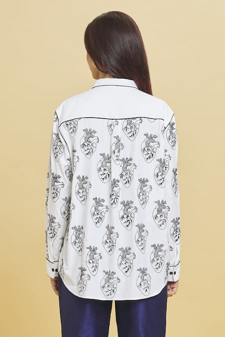 Shop Aiman Ivory Cotton Embroidery Shawl Neck Heart Pattern Shirt at Aza Fashions Shop_Aiman_Ivory Cotton Embroidery Shawl Neck Heart Pattern Shirt_at_Aza_Fashions