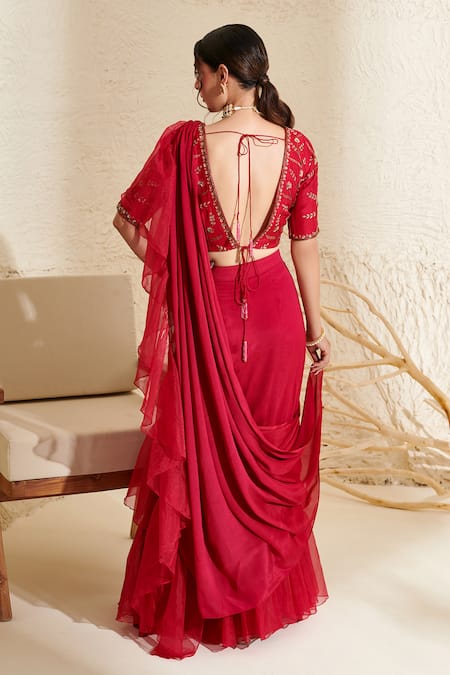 Label Flamingo By Vrinda Magenta Pre-Draped Organza Ruffle Saree Set 