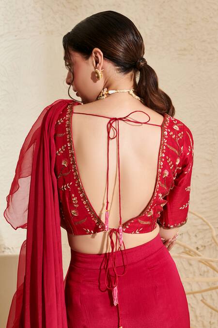 Label Flamingo By Vrinda_Magenta Silk, Chiffon, Ramie Embroidery Pre-draped Organza Ruffle Saree Set _Online_at_Aza_Fashions