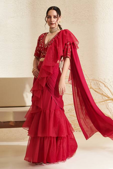 Buy_Label Flamingo By Vrinda_Magenta Silk, Chiffon, Ramie Embroidery Pre-draped Organza Ruffle Saree Set _Online_at_Aza_Fashions