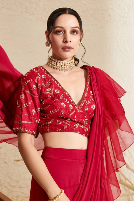 Shop_Label Flamingo By Vrinda_Magenta Silk, Chiffon, Ramie Embroidery Pre-draped Organza Ruffle Saree Set _Online_at_Aza_Fashions