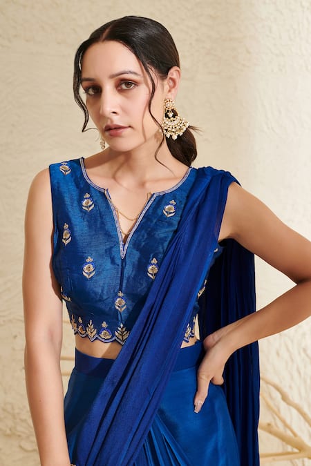 Shop_Label Flamingo By Vrinda_Blue Silk, Chiffon Embroidery, Sequins Pre-stitched Saree With Floral Blouse _Online_at_Aza_Fashions