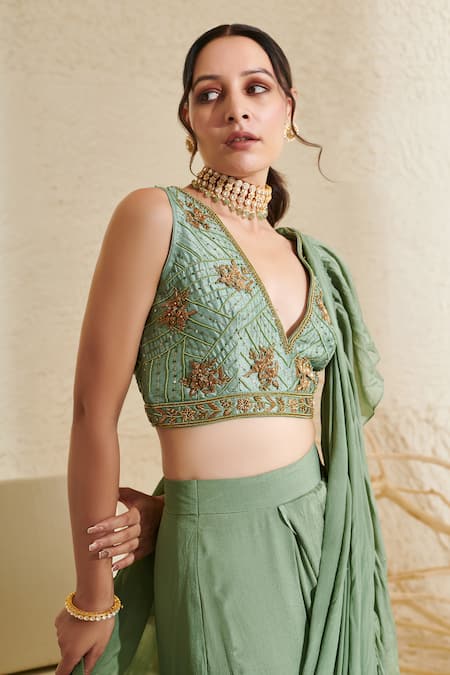 Shop_Label Flamingo By Vrinda_Green Chiffon, Silk Beads, Pearls V-neck Pre-stitched Ruffle Saree With Blouse _at_Aza_Fashions