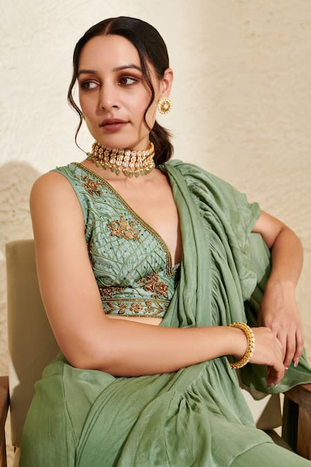 Buy_Label Flamingo By Vrinda_Green Chiffon, Silk Beads, Pearls V-neck Pre-stitched Ruffle Saree With Blouse _Online_at_Aza_Fashions