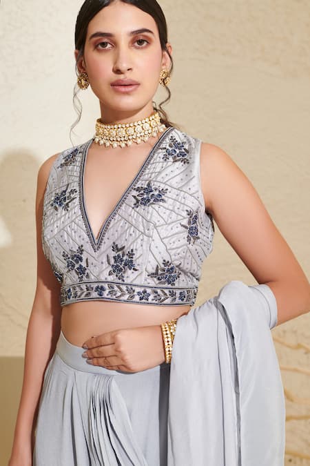 Buy Label Flamingo By Vrinda Gray Silk, Chiffon Beads, Pearls V-neck Grey Ruffle Pre-stitched Saree Set Online at Aza Fashions Buy_Label Flamingo By Vrinda_Gray Silk, Chiffon Beads, Pearls V-neck Grey Ruffle Pre-stitched Saree Set _Online_at_Aza_Fashions