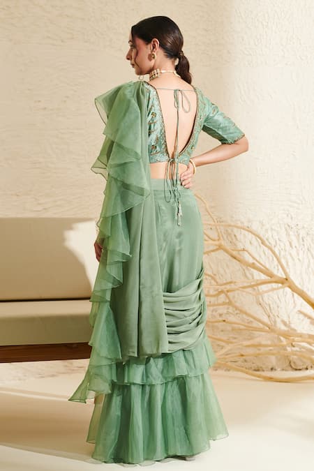 Shop_Label Flamingo By Vrinda_Green Chiffon, Silk Sequins Pre-draped Ruffle Saree With Hand Embroidered Blouse _at_Aza_Fashions