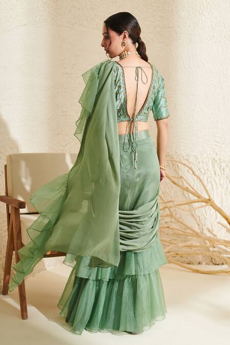 Label Flamingo By Vrinda_Green Chiffon, Silk Sequins Pre-draped Ruffle Saree With Hand Embroidered Blouse _Online_at_Aza_Fashions