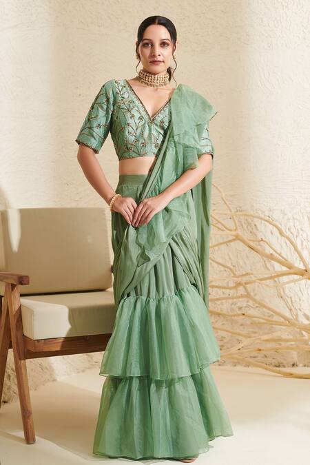 Buy_Label Flamingo By Vrinda_Green Chiffon, Silk Sequins Pre-draped Ruffle Saree With Hand Embroidered Blouse _Online_at_Aza_Fashions