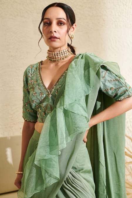 Label Flamingo By Vrinda_Green Chiffon, Silk Sequins Pre-draped Ruffle Saree With Hand Embroidered Blouse _at_Aza_Fashions