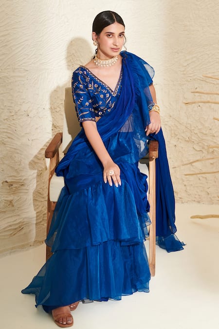 Shop Label Flamingo By Vrinda Blue Silk, Chiffon, Ramie Pre-draped Ruffle Saree With Floral Embroidered Blouse at Aza Fashions Shop_Label Flamingo By Vrinda_Blue Silk, Chiffon, Ramie Pre-draped Ruffle Saree With Floral Embroidered Blouse _at_Aza_Fashions