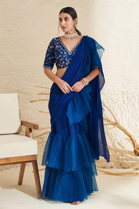 Label Flamingo By Vrinda Blue Silk, Chiffon, Ramie Pre-draped Ruffle Saree With Floral Embroidered Blouse Online at Aza Fashions Label Flamingo By Vrinda_Blue Silk, Chiffon, Ramie Pre-draped Ruffle Saree With Floral Embroidered Blouse _Online_at_Aza_Fashions