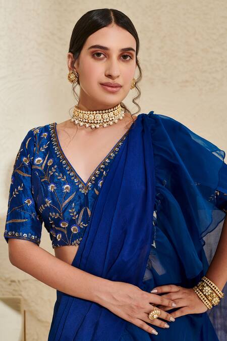 Buy Label Flamingo By Vrinda Blue Silk, Chiffon, Ramie Pre-draped Ruffle Saree With Floral Embroidered Blouse Online at Aza Fashions Buy_Label Flamingo By Vrinda_Blue Silk, Chiffon, Ramie Pre-draped Ruffle Saree With Floral Embroidered Blouse _Online_at_Aza_Fashions