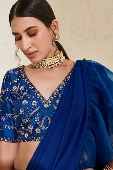 Shop Label Flamingo By Vrinda Blue Silk, Chiffon, Ramie Pre-draped Ruffle Saree With Floral Embroidered Blouse Online at Aza Fashions Shop_Label Flamingo By Vrinda_Blue Silk, Chiffon, Ramie Pre-draped Ruffle Saree With Floral Embroidered Blouse _Online_at_Aza_Fashions
