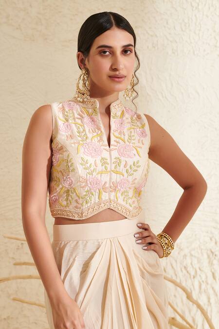 Shop Label Flamingo By Vrinda Ivory Silk, Chiffon Embroidery, Sequins Collared Hand Blouse With Draped Skirt Online at Aza Fashions Shop_Label Flamingo By Vrinda_Ivory Silk, Chiffon Embroidery, Sequins Collared Hand Blouse With Draped Skirt _Online_at_Aza_Fashions