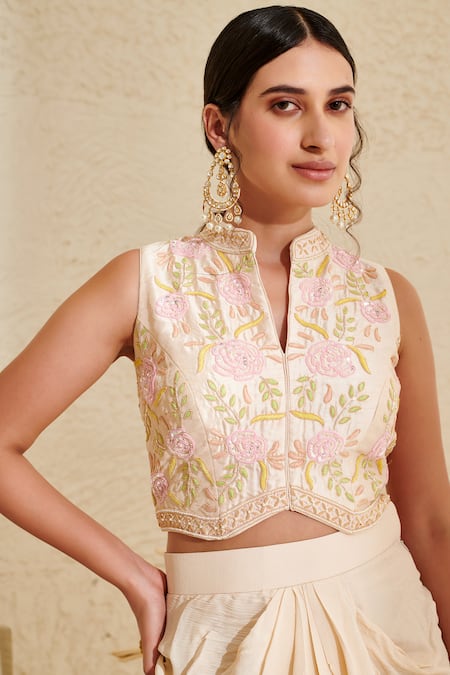 Label Flamingo By Vrinda Ivory Silk, Chiffon Embroidery, Sequins Collared Hand Blouse With Draped Skirt at Aza Fashions Label Flamingo By Vrinda_Ivory Silk, Chiffon Embroidery, Sequins Collared Hand Blouse With Draped Skirt _at_Aza_Fashions