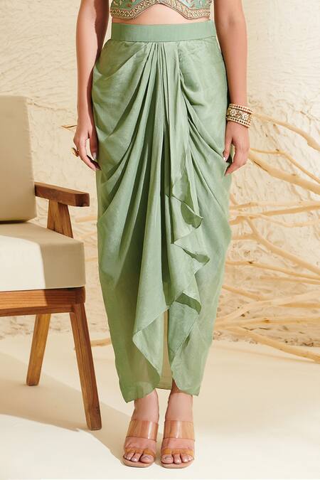 Buy Label Flamingo By Vrinda Green Silk, Chiffon Embroidery, Sequins Floral Hand Blouse With Draped Skirt Online at Aza Fashions Buy_Label Flamingo By Vrinda_Green Silk, Chiffon Embroidery, Sequins Floral Hand Blouse With Draped Skirt _Online_at_Aza_Fashions