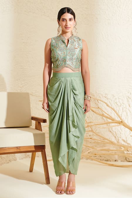 Shop Label Flamingo By Vrinda Green Silk, Chiffon Embroidery, Sequins Floral Hand Blouse With Draped Skirt Online at Aza Fashions Shop_Label Flamingo By Vrinda_Green Silk, Chiffon Embroidery, Sequins Floral Hand Blouse With Draped Skirt _Online_at_Aza_Fashions