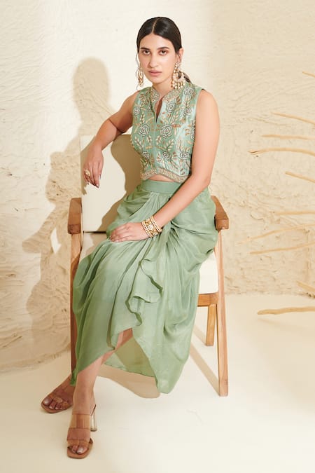 Label Flamingo By Vrinda Green Silk, Chiffon Embroidery, Sequins Floral Hand Blouse With Draped Skirt at Aza Fashions Label Flamingo By Vrinda_Green Silk, Chiffon Embroidery, Sequins Floral Hand Blouse With Draped Skirt _at_Aza_Fashions