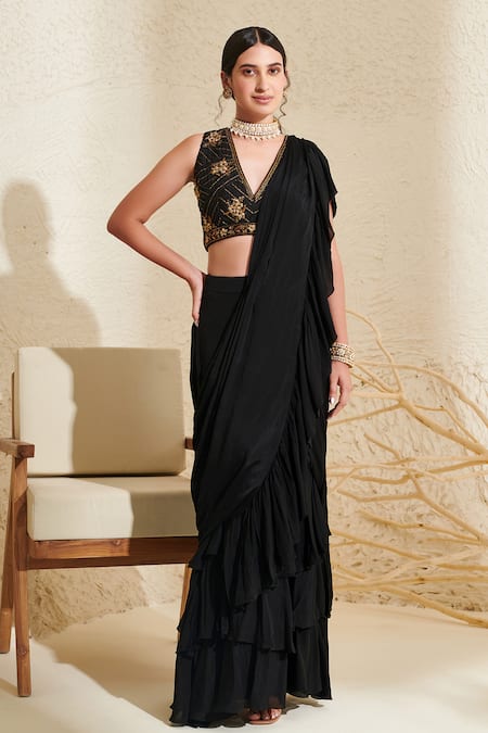 Buy SFCS Women's Malai Silk Ruffle Saree with Blouse Piece (Black) at  Amazon.in