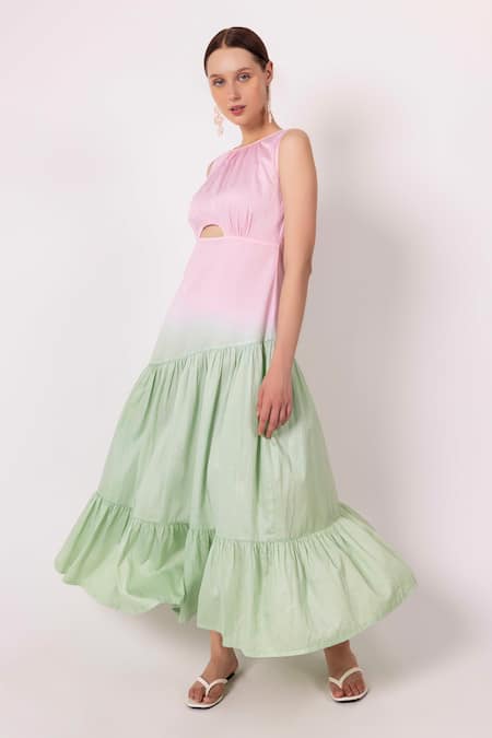 Shimona Pink Cotton Satin Round Neck Ombre Tiered Dress Online at Aza Fashions Shimona_Pink Cotton Satin Round Neck Ombre Tiered Dress _Online_at_Aza_Fashions