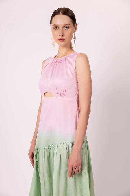 Buy Shimona Pink Cotton Satin Round Neck Ombre Tiered Dress Online at Aza Fashions Buy_Shimona_Pink Cotton Satin Round Neck Ombre Tiered Dress _Online_at_Aza_Fashions