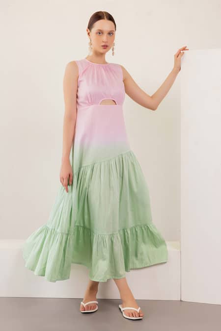 Shop Shimona Pink Cotton Satin Round Neck Ombre Tiered Dress at Aza Fashions Shop_Shimona_Pink Cotton Satin Round Neck Ombre Tiered Dress _at_Aza_Fashions