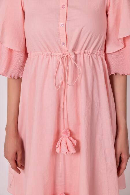 Buy Shimona Pink Satin, Satin, Tassels Shawl Neck, Orchid Solid Tiered Dress Online at Aza Fashions Buy_Shimona_Pink Satin, Satin, Tassels Shawl Neck, Orchid Solid Tiered Dress _Online_at_Aza_Fashions