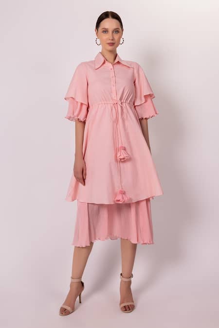 Shop Shimona Pink Satin, Satin, Tassels Shawl Neck, Orchid Solid Tiered Dress at Aza Fashions Shop_Shimona_Pink Satin, Satin, Tassels Shawl Neck, Orchid Solid Tiered Dress _at_Aza_Fashions