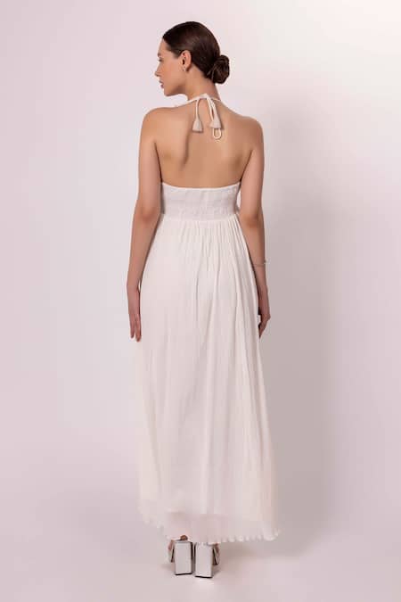Shop Shimona Off White Cotton Embroidery Halter Neck Maxi Dress at Aza Fashions Shop_Shimona_Off White Cotton Embroidery Halter Neck Maxi Dress _at_Aza_Fashions
