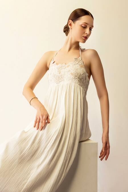 Buy Shimona Off White Cotton Embroidery Halter Neck Maxi Dress Online at Aza Fashions Buy_Shimona_Off White Cotton Embroidery Halter Neck Maxi Dress _Online_at_Aza_Fashions