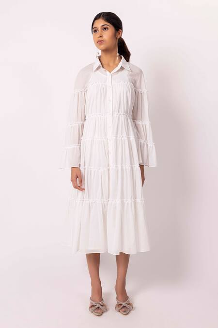 Shimona Off White Cotton Shawl Neck Solid Tiered Dress Online at Aza Fashions Shimona_Off White Cotton Shawl Neck Solid Tiered Dress _Online_at_Aza_Fashions