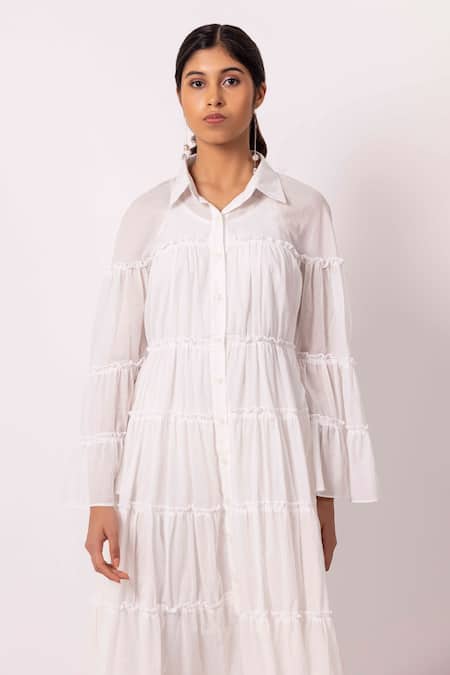 Buy Shimona Off White Cotton Shawl Neck Solid Tiered Dress Online at Aza Fashions Buy_Shimona_Off White Cotton Shawl Neck Solid Tiered Dress _Online_at_Aza_Fashions