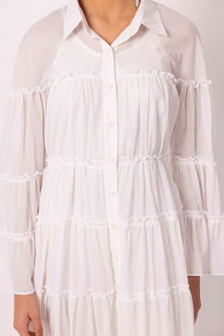 Shop Shimona Off White Cotton Shawl Neck Solid Tiered Dress Online at Aza Fashions Shop_Shimona_Off White Cotton Shawl Neck Solid Tiered Dress _Online_at_Aza_Fashions