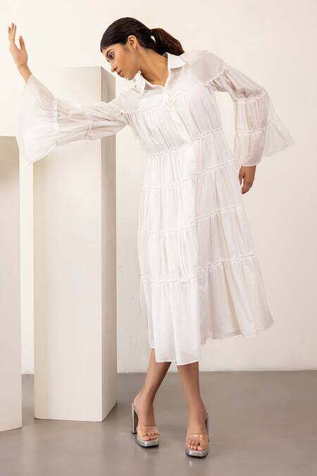 SHIMONA Off White Organic Cotton Solid Shirt Collar Tiered Dress 