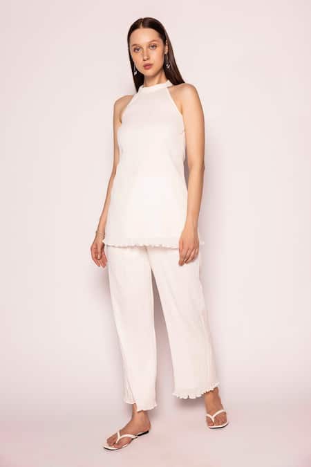 Shimona Off White Cotton Halter Neck Solid Top And Pant Set Online at Aza Fashions Shimona_Off White Cotton Halter Neck Solid Top And Pant Set _Online_at_Aza_Fashions