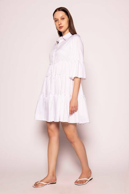 Shimona White Cotton Satin Solid Shirt Collar Pearl On The Beach Tiered Dress Online at Aza Fashions Shimona_White Cotton Satin Solid Shirt Collar Pearl On The Beach Tiered Dress _Online_at_Aza_Fashions