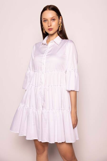 Buy Shimona White Cotton Satin Solid Shirt Collar Pearl On The Beach Tiered Dress Online at Aza Fashions Buy_Shimona_White Cotton Satin Solid Shirt Collar Pearl On The Beach Tiered Dress _Online_at_Aza_Fashions