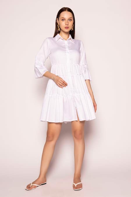 SHIMONA White Cotton Satin Solid Shirt Collar Pearl On The Beach Tiered Dress 