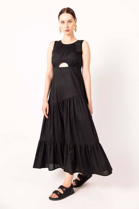 Shimona_Black Cotton Satin Solid Round Cut-out Dress _Online_at_Aza_Fashions
